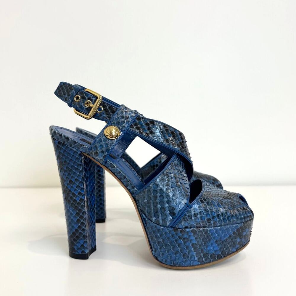 Louis Vuitton Blue Snakeskin Strappy Peep Toe Platform Heels Gold 36.5 LV Shoes